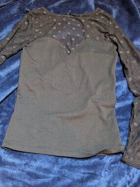 Terranova Black Mesh Polka Dot Long Sleeve Top - Size S